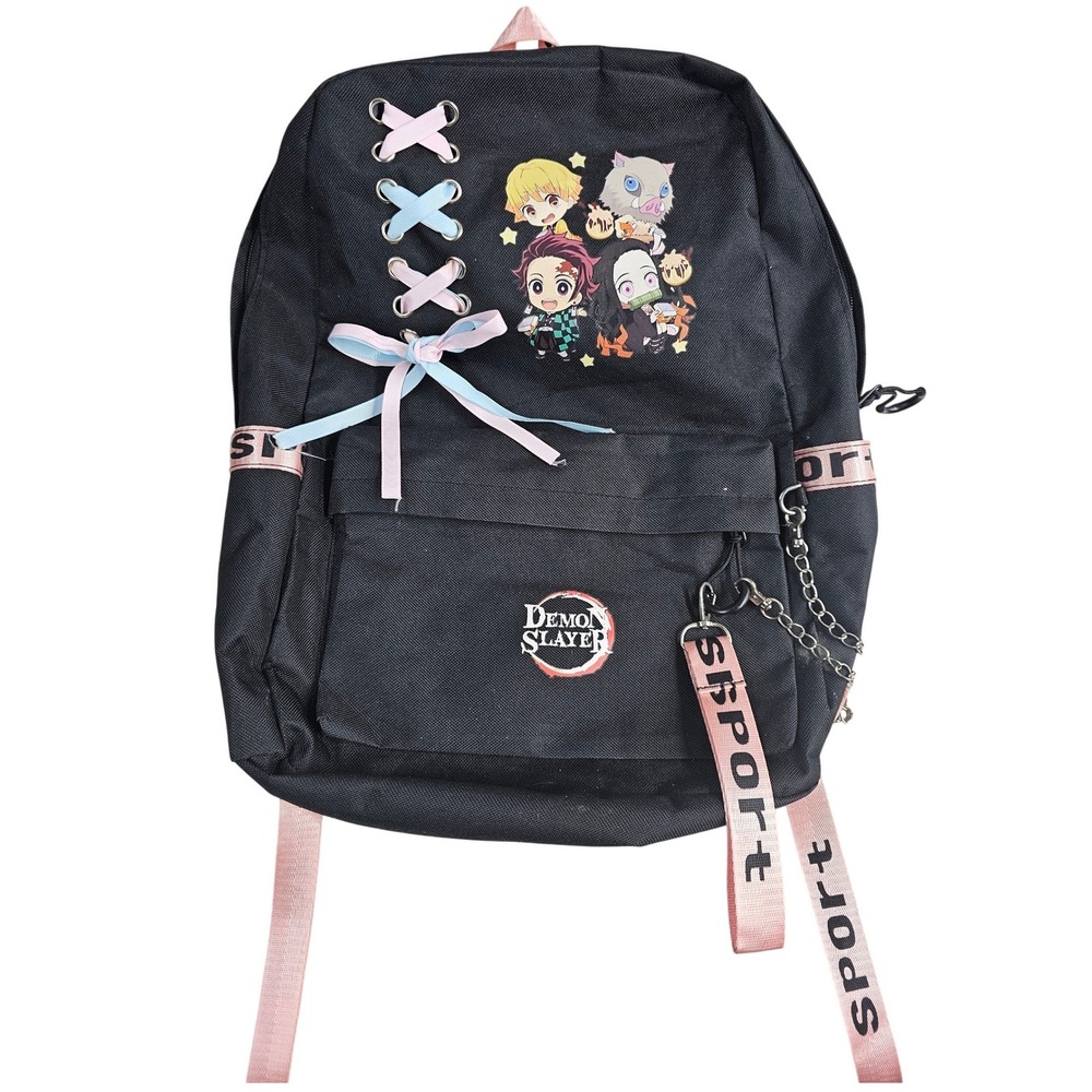 Demon Slayer Anime Backpack Black Pink Lace Up USB Port Tanjiro Nezuko Chibi